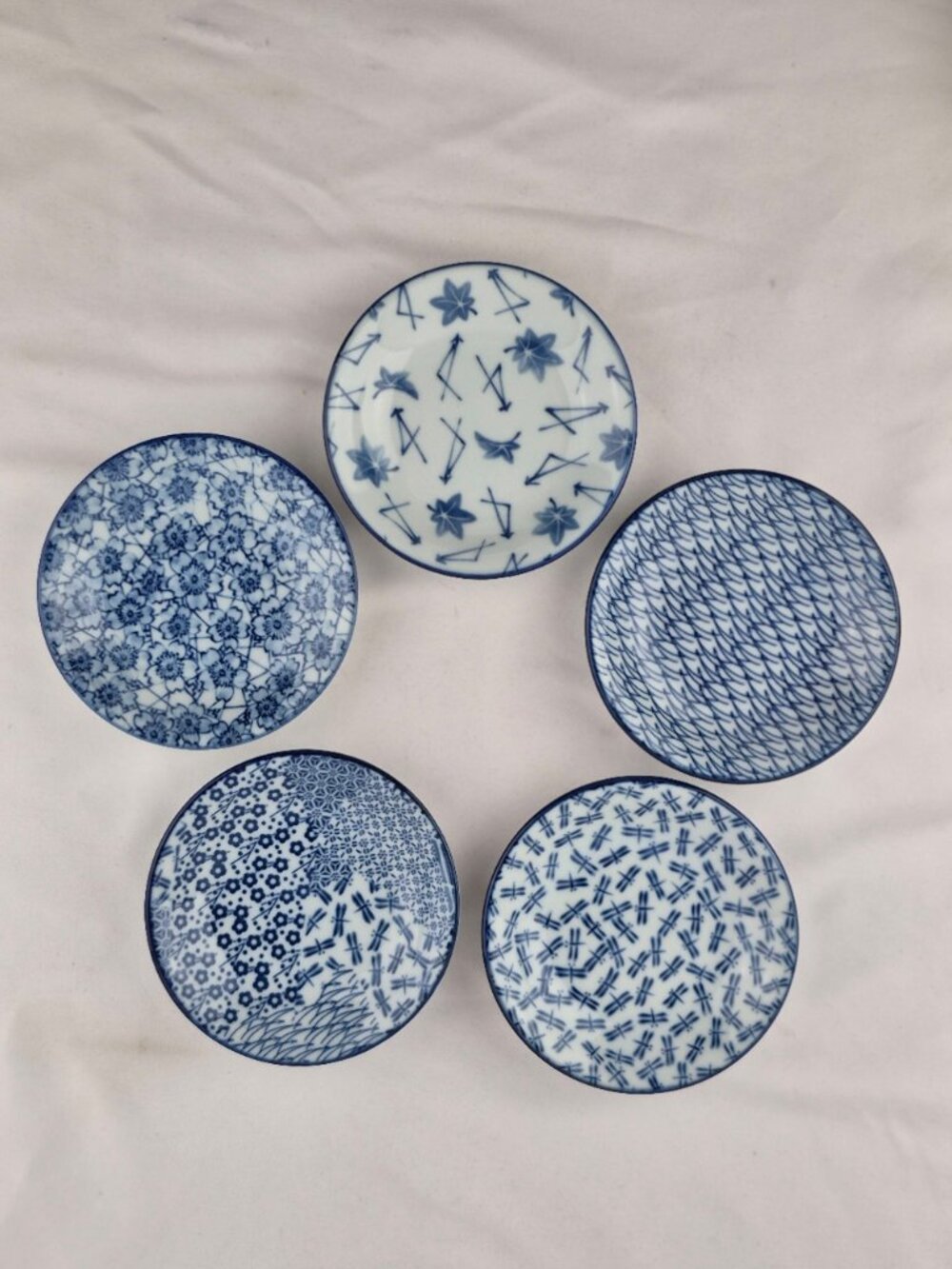 Vintage Japanese Porcelain Mini Sushi Plate Assorted Blue & White Pattern Set 5